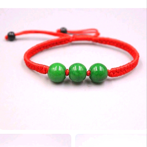 Green Jade Jadeite Round Ball Red Knitted Bracelet - Picture 1 of 5